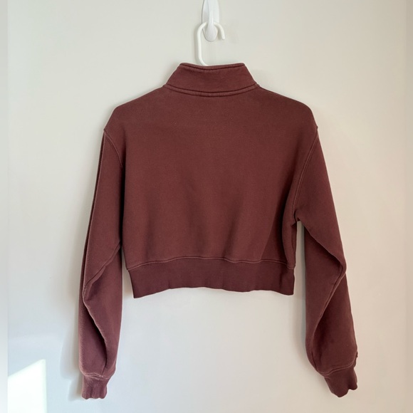 Aritzia TNA Sweatfleece Cozy Perfect 1/4 Zip Sweatshirt Cropped Brick Red Small - Picture 5 of 6